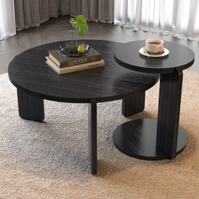 Nesting Round Wood Coffee Table Set with End Table 32.7'' Diam Black Oak Veneer