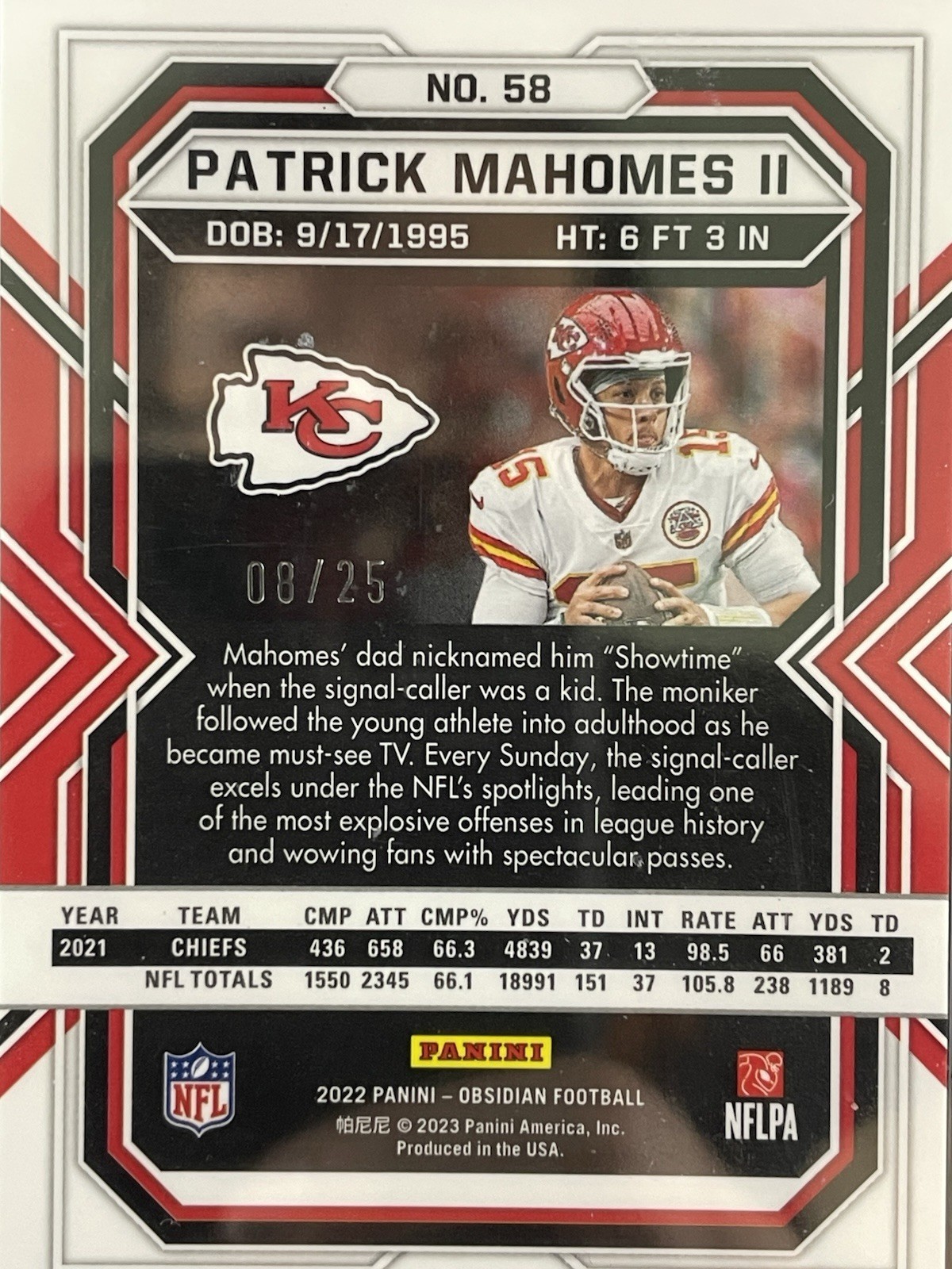 2022 Panini Obsidian - Patrick Mahomes II #58 Electric Etch Yellow /25 PSA 9 view 5
