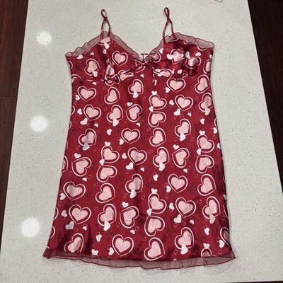 Jaclyn Smith Satin Lace Hearts Chemise Nightgown Slip Dress Coquette Red Large