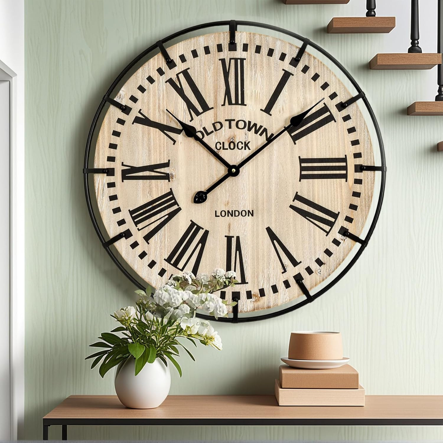 Rustic Farmhouse Wall Clock 24 Inch, Vintage Oldtown London Wooden Large Clock w