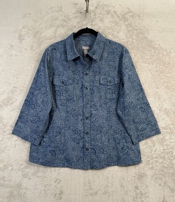 Chicos Paisley Chambray Button Down Shirt Jacket Pockets Size L Coastal Bohemian