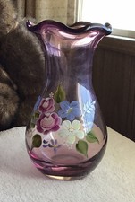 Fenton Art Glass Hand Painted Purple Amethyst Ruffled Rim Vase - Vintage