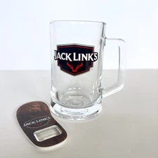Jack Links’s Beef Jerky Clear Glass Beer Mug Stein 16oz w/Handle & Bottle Opener
