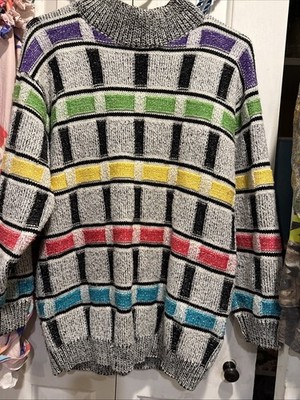 Esprit Multicolor Mock Neck Sweater Size W Large/XL Retro Graphic Grey READ