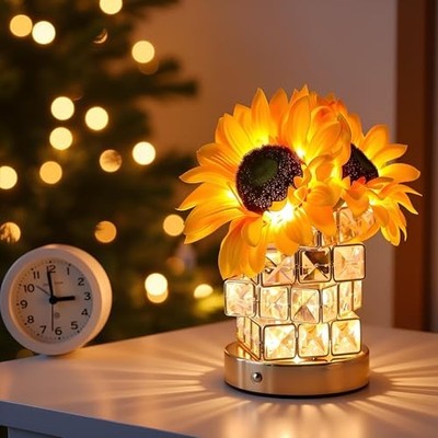 Cordless Sun Flower Lamp, Adjustable Touch Crystal Night Light with Sunflower
