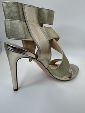 Nine West Gold Strappy Stiletto Heels Open Toe Back zip Womwn's dress Sandals