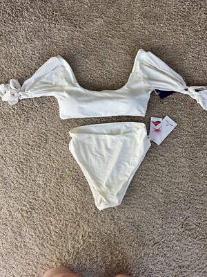ANCORA Swimwear Two Piece Ivory Bikini High Waist Mesh Sleeves Large New
