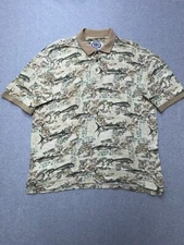 AFTCO Bluewater Wear Mens Polo Shirt Large Beige Fish Print International Game