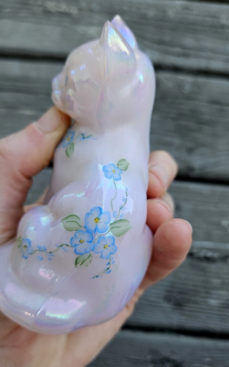 FENTON 花柄 CAT キャット 猫 フェントン ブルーガラス 置物 FENTON 花柄 CAT 眠り猫 フェントン ブルーオパールガラス 置物
