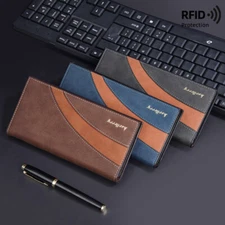 Men's Business Bifold Wallet Long Clutch Leather Purse RFID Blocking Card Holder