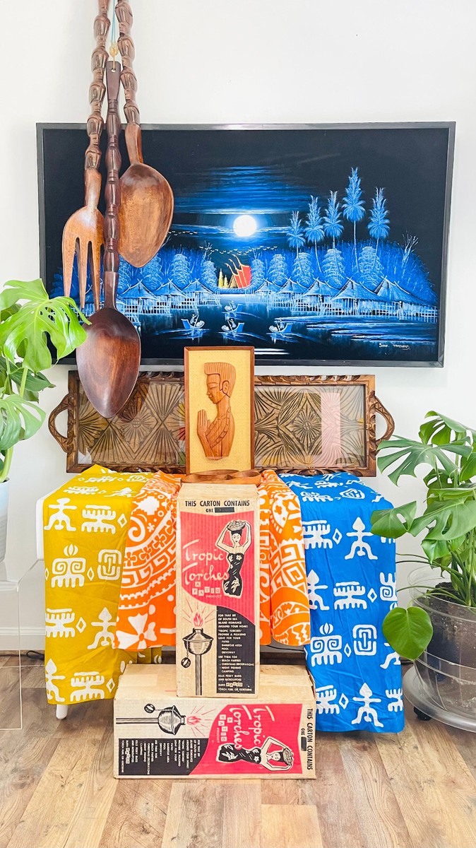 VTG 1970s Kitsch Tiki Island Large Wood Carved Fork Spoon LOT Wall