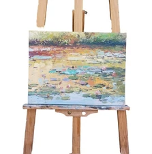 16x12 Original handmade oil painting wall art on canvas Water Lilies in Bloom