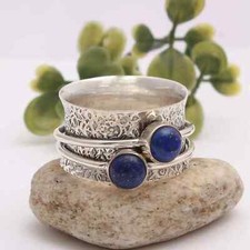 Solid 925 Sterling Silver Natural Lapis Lazuli Gemstone Spinner Ring For Her R36