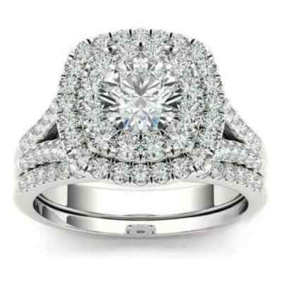 Moissanite Bridal Set Engagement Ring Solid 14K White Gold 3 CT Round ...