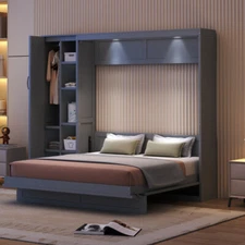 Full Queen Size Murphy Bed Wall Beds with Wardrobe Storage Shelves & LED Lights 