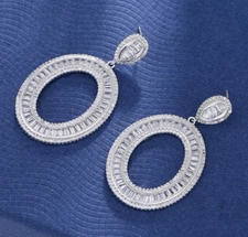 Open Oval CZ Crystal Dangle Loop drop Chandelier Earrings Studs Rhodium Pla W250