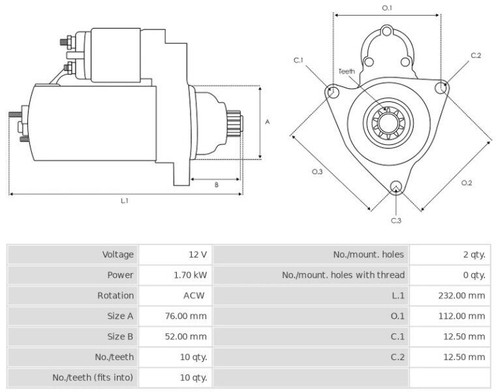 Starter Motor 12V/1.7Kw 10t ACW SEAT CORDOBA 1.4 TDI CS1393 - Picture 7 of 7