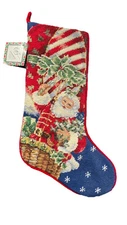 Vintage C & F Ent. Needlepoint Stocking Santa w/Christmas Tree/Holly Wool Velvet