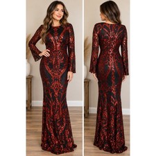 Miss Ord Red Sequin Damask Long Sleeve Formal Mermaid Maxi Dress XL