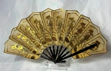 Antique Pigskin Brise Fan Hand Painted Wang Puppet Figures W/Pierced Blades