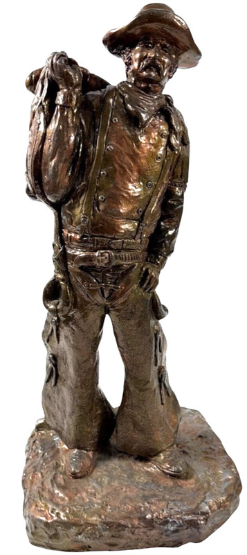 OBO🤠🐴14.5" COPPER-BRONZE TONE WESTERN COWBOY HOLDING SADDLE SCULPTURE FIGURINE