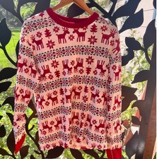 Hanna Andersson Women Reindeer Fair Isle Organic Cotton Pajama Set Red White L