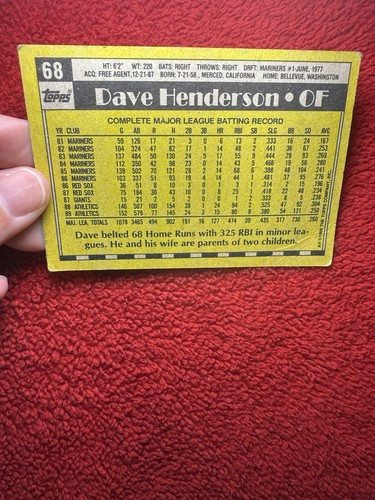 Vintage 1990 Dave Henderson Oakland Athletics Tops MLB Baseball Trading Card 68 - Picture 4 of 6