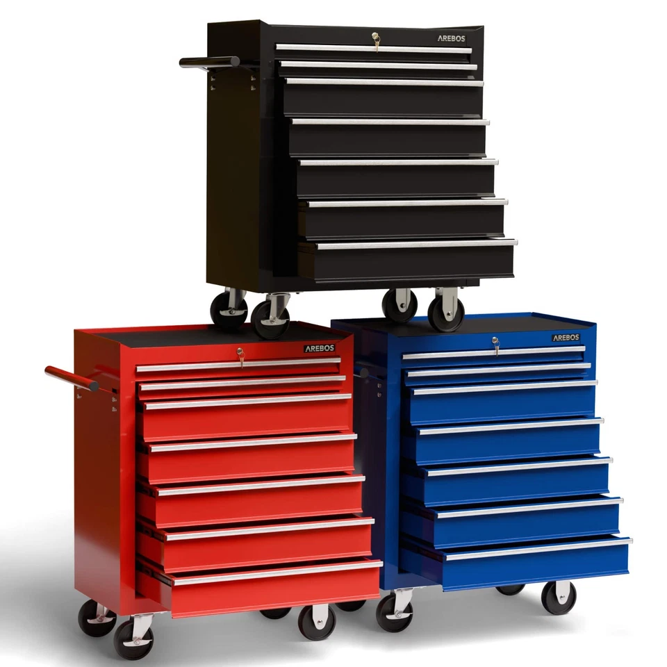 AREBOS Servante d'atelier 7 tiroirs–Chariot à outils Acier – Bleu, Rouge, Noir - Photo 1/1