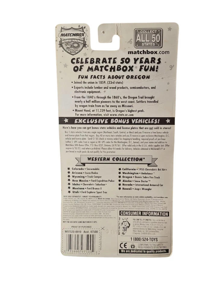 Matchbox Across America 50th Birthday Series OREGON DENNIS SABRE FIRE TRUCK - Image 2 of 2