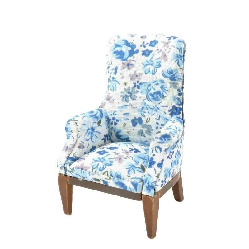 Dolls House Blue Floral Walnut Fireside Armchair Miniature Living Room Furniture - Image 1 of 1