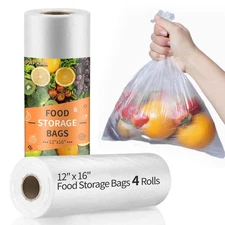 12” x 16” Food Storage Bags Plastic Produce Bags, Disposable Clear Bags 4 Rol...