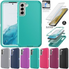 For Samsung Galaxy S22 5G Phone Case Rugged Cover 3in1 Layers / Tempered Glass