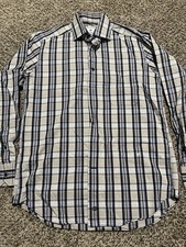 David Donahue Mens Button Down Dress Shirt Medium Plaid Gray Blue Long Sleeve