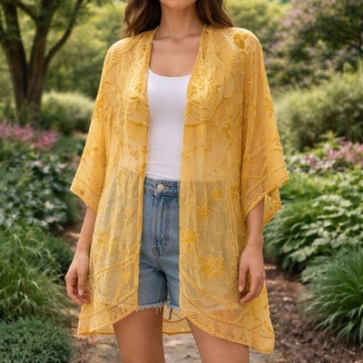 Francesca's Floral Kimono Cover Up Velour Detail Boho Ethereal Whimsy Fairy OS