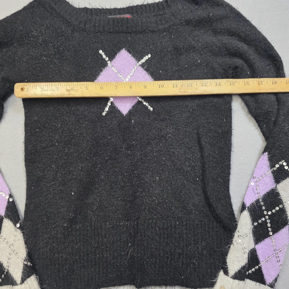 Takeout Sweater Womens Medium Black Purple Argyle Long Sleeve Rhinestone - Image 2 of 4