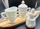 Vintage Westmoreland Milk Glass Paneled Grape Creamer Sugar Cruet 3 Pc Set