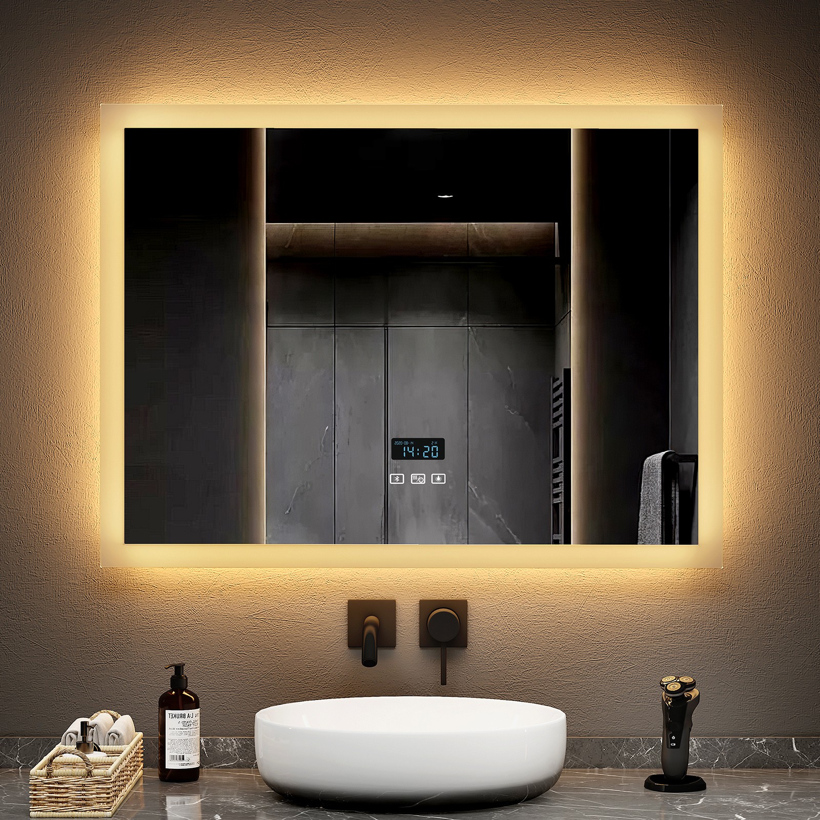 EMKE Bathroom LED Mirror Bluetooth Shaver Socket Clock Dimmable Lights Demister