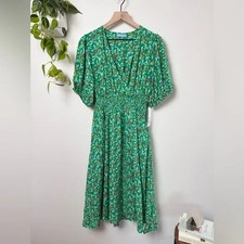 Draper James RSVP Floral Midi Dress Green Pink Smocked Puff Sleeve V Neck L