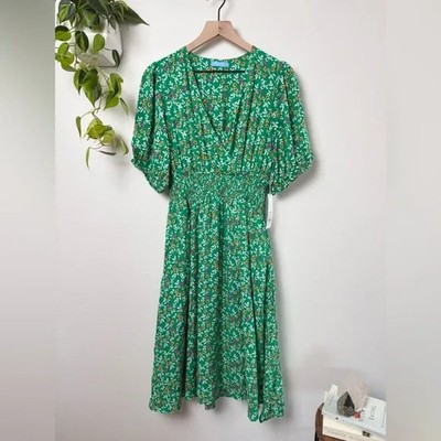 Draper James RSVP Floral Midi Dress Green Pink Smocked Puff Sleeve V Neck L
