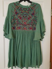 Umgee Bohemian Peasant Embroidered Green Dress Tunic Ruffle Sleeve Small 
