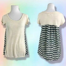 Deletta Anthropologie Cream & Blue Printed Slub Knit Mixed Knit Top S