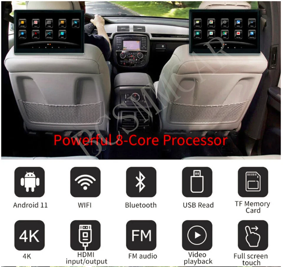 2x Car Headrest Monitor Rear Seat Entertainment TV Video Player IPS Touch Screen — 第 3/4 张图片