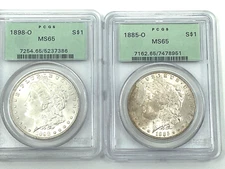 2------ PCGS MS65 Morgan Silver Dollars OGH 1898-O, 1885-O