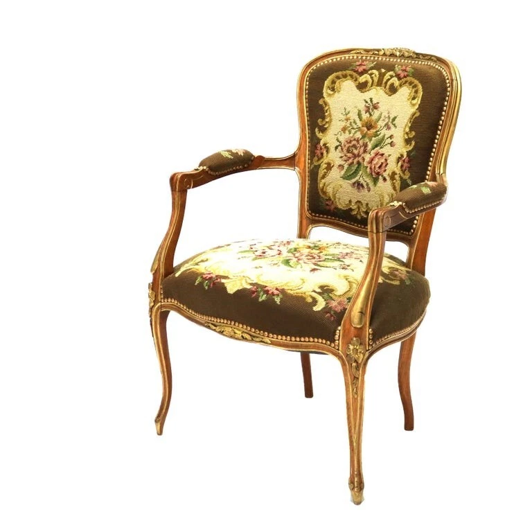 Silla tapiz antigua francesa estilo Luis XIV paquete nogal dorado y floral C1920 Foto 2 de 4