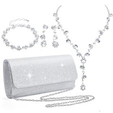 Meanplan 4 Pcs Silver Clutch Purse Jewelry Set for Women Evening Rhinestone P...