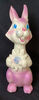 Vintage Baby World Bunny W/ Flower Squeaky Rabbit 9'' Tall 1965 Purple