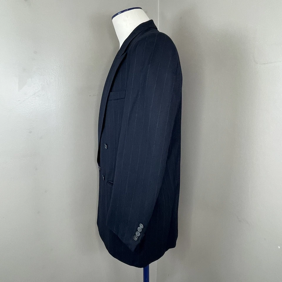Perry Ellis Men Suit Jacket Sz 46 L Black Stripes Virgin Wool Double Breasted - Изображение 3 из 4