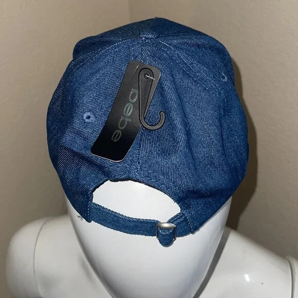 New BEBE Rhinestone Bling Dark Blue Denim Women's Adjustable Hat