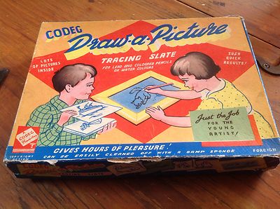 Vintage CODEG 50er Jahre Draw A Picture Tracing Slate Game in Box altes Spielzeug