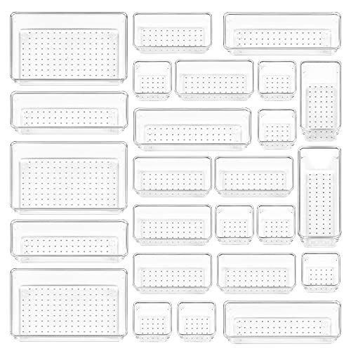 25 PCS Clear Plastic Drawer Organizers Set, 4-Size Versatile Bathroom and Van...